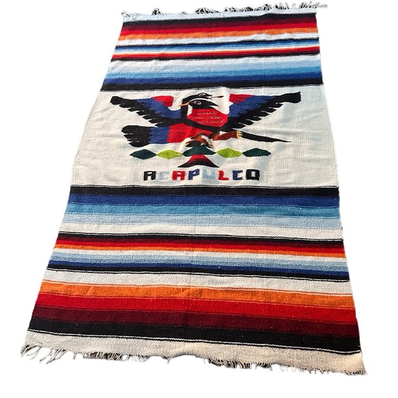 Mexican Aztec Acapulco Woven Rug Saddle Blanket Textile 82”x48” Eagle Eats Snake - Picture 1 of 3